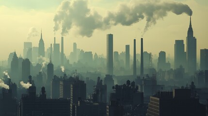 Fototapeta premium A misty cityscape with tall buildings and smoke plumes rising from chimneys.
