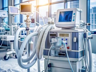 Frosted hospital ventilator machine with tubes and wires, surrounded by medical equipment, against a blurred grey background, conveying a sense of chilly sterility.