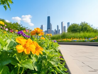 Colorful flowers bloom in a vibrant Chicago garden with a skyline backdrop in summer