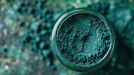 spirulina powder in a glass jar, it is excellent dietary supplement for Vegan, Vegetarian or Plant based diet because it containing multivitamins include B12.