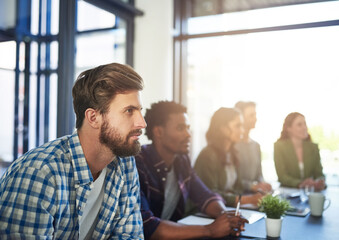 Listening, teamwork and business people in office for meeting, feedback and startup presentation. Staff, collaboration and designers in boardroom for workshop, skills development or creative training