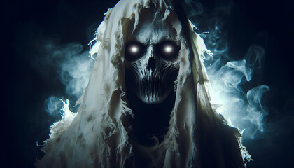 an eerie figure with a pale ghostly face covered with a torn white cloak