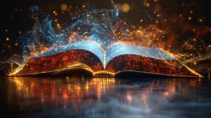 concept of digital literacy or e-learning, low poly book with futuristic element