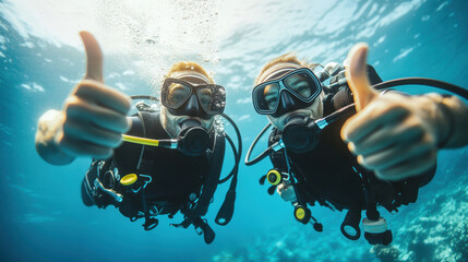 Diver in deep sea with thumbs up gesture