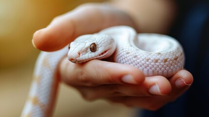 Fototapeta premium Close-up photo of a small white snake above the hand