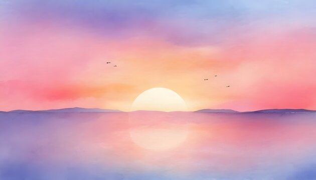 Pastel Sunset Watercolor Background. Sunrise Serenade: Soft pastel splatters in shades of pink, orange, and yellow, evoking the peaceful beauty of a sunrise over the horizon.