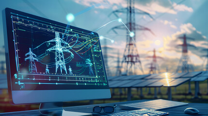 Computer displaying CAD electrical project with power grid