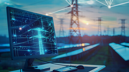 Computer displaying CAD electrical project with power grid