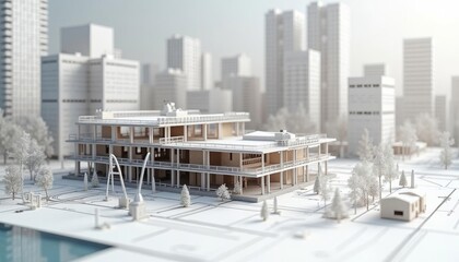 A modern building surrounded by a snowy urban landscape with futuristic architecture and towering skyscrapers in the background