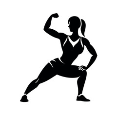 a powerful woman with long hair, stretching her muscles. The silhouette should be set against a white background