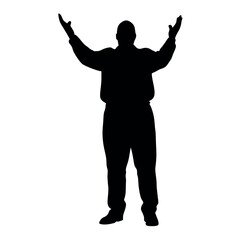 a fatty business man standing in an excited pose. The silhouette should be in black colour, isolated on a white background