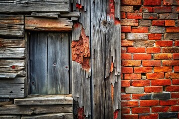 Gray weathered wooden siding peeling off to reveal worn red brick beneath rustic wood 