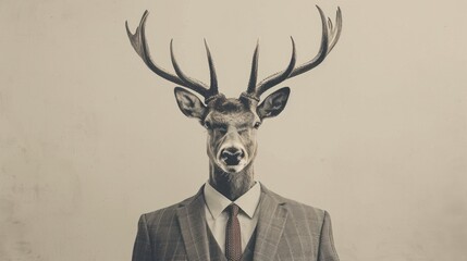 Deer in clothes with shiny horns. Business man in suit with tie with deer head.