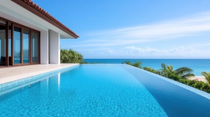 Fototapeta premium Tranquil infinity pool overlooking tropical beach