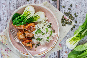Soy and honey glazed chicken with basmati rice
