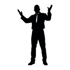 a fatty business man standing in an excited pose. The silhouette should be in black colour, isolated on a white background