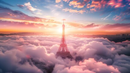 Eiffel Tower Sunrise Clouds Scenic Paris Cityscape Dreamy Atmosphere View. AI Generated