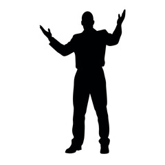a fatty business man standing in an excited pose. The silhouette should be in black colour, isolated on a white background