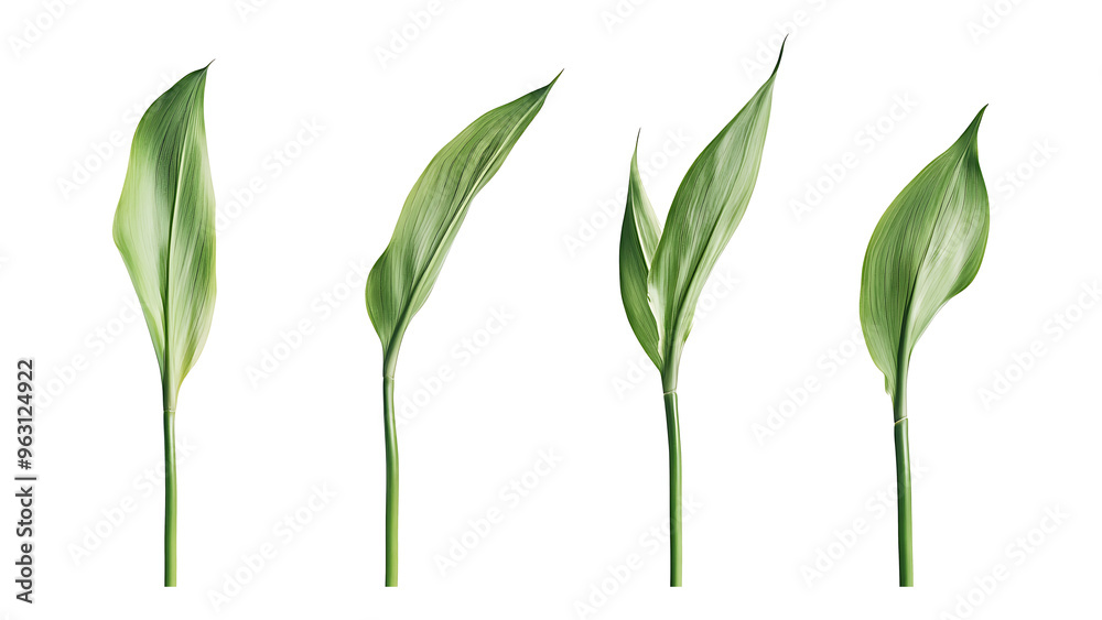 Wall mural four green leaf on a transparent background,four lily of the valley leaf isolated,four tropical plan