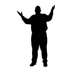 a fatty business man standing in an excited pose. The silhouette should be in black colour, isolated on a white background