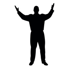 a fatty business man standing in an excited pose. The silhouette should be in black colour, isolated on a white background