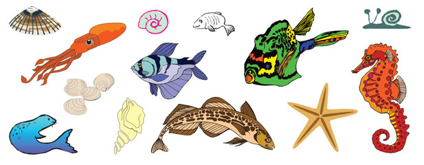 Water Sea Creaters fishes fish seahorse Tortoise Sea Lion star Animals Silhouette - compendium vector illustrations editable best art design for logo icon multipurpose use in high definition format