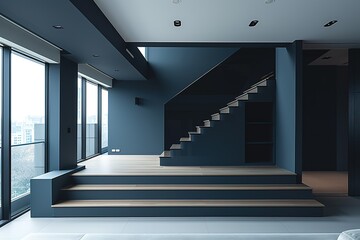 Obraz premium A large room with a staircase and a window