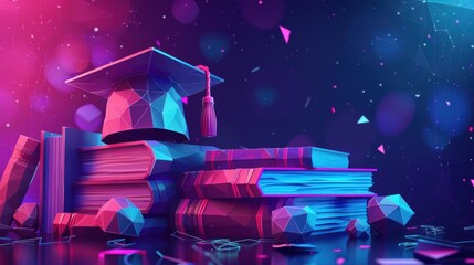 Low poly 3D render graduation cap, books, diploma polygonal modern design banner template. Internet education course degree vector illustration