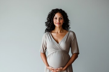 Portrait of a happy smiling pregnant Indian woman on the light grey background, concept of motherhood, expecting baby and parenthood
