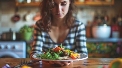 A woman sits at a table with a plate of food in a restaurant at lunch time.