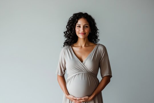 Portrait of a happy smiling pregnant Indian woman on the light grey background, concept of motherhood, expecting baby and parenthood