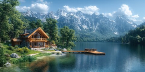 Fototapeta premium Wooden Cabin by a Lake with Mountain View