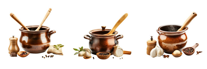 Set of  A beautifully presented individual French onion soup in a classic French crock isolated on transparent background