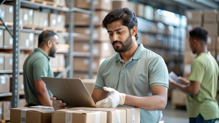 An Indian courier worker sorting and organizing packages in a busy logistics warehouse environment.
