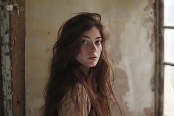 Fototapeta premium photograph of A woman with long brown hair standing in a room