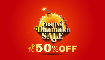 Festive dhamaka sale, offer 50% off design. Fire craker and 3d typography on vibrant red background.