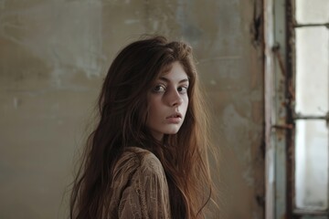Fototapeta premium photograph of A woman with long brown hair standing in a room