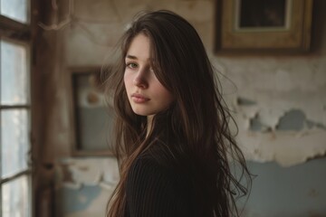 Fototapeta premium photograph of A woman with long brown hair standing in a room