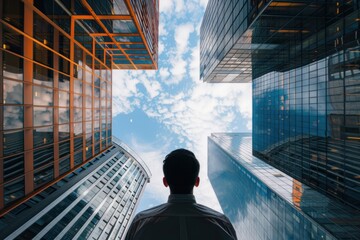 photograph of Back view of businessman looking up at towering office buildings. Business and finance