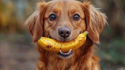 A dog playfully holding a raw banana in its mouth, with a joyful expression and wagging tail.