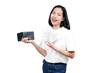 Naklejka premium An excited asian woman with money and wallet isolated transparent