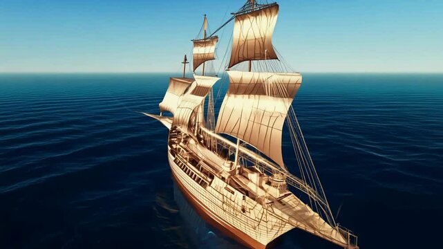 Camera movement and effects: spinning video video establishing scene: holographic wireframe spinning ship with sails, brown and white colour additional details: blue ocean background