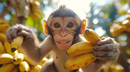 A playful monkey swinging from a tree with raw bananas in hand, smiling under a bright sun.