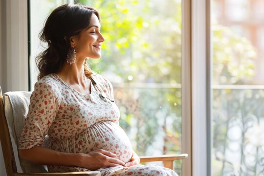 Portrait of a happy smiling pregnant Indian woman sitting by the window, concept of motherhood, expecting baby and parenthood