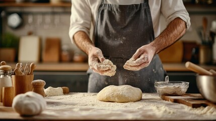 Fototapeta premium Kitchen with Artisan Baker Preparing Dough
