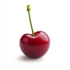 A bright, shiny red cherry with a green stem, resting on a clean white background