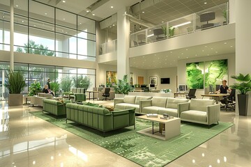 A large open space with a green carpet and green couches