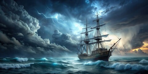 Fototapeta premium Flying ghost ship soaring through a stormy sky , spooky, haunted, supernatural, eerie, fantasy, nautical
