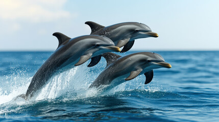 Fototapeta premium Dolphins leaping from the water, highlighting social interaction and play, Marine mammals, Oceanic ecosystems