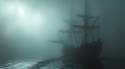 Silhouette of a Ship Sailing in Fog